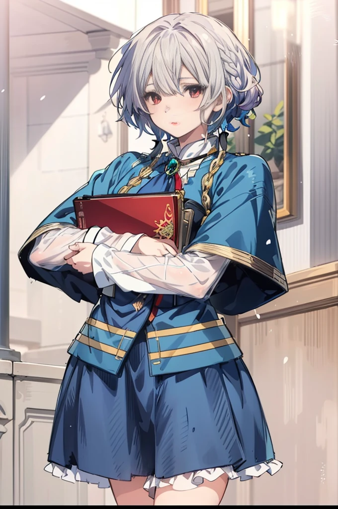 anime girl with long snow white hair and blue dress holding a red book, blood red eyes, female protagonist 👀 :8, delicate androgynous prince, beautiful androgynous prince, highly detailed exquisite fanart, marin kitagawa fanart, detailed anime character art, female anime character, beautiful character painting, as an anime character, beatrice blue, ((wearing aristocrat robe)), anime character