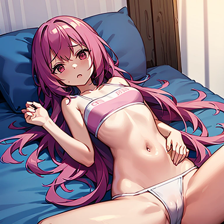 (masterpiece, best quality)a girl,long pink hair,white bikini,lying on white bed,spread legs,detail,soaking wet,get wet,blush,Awkward,Fear,shy,doubt