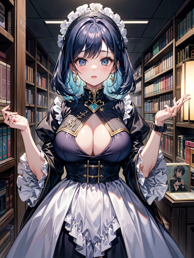 （（（masterpiece、Highest image quality、highest quality、highly detailed unity 8ｋwallpaper）））、（（Illustration of one girl、upper body））、（（（beautiful girl）））、（librarian）、blue hair、（stocky build, thickset physique：1.3, broad shoulders, solid chest）、big breasts、librarian服、grand library