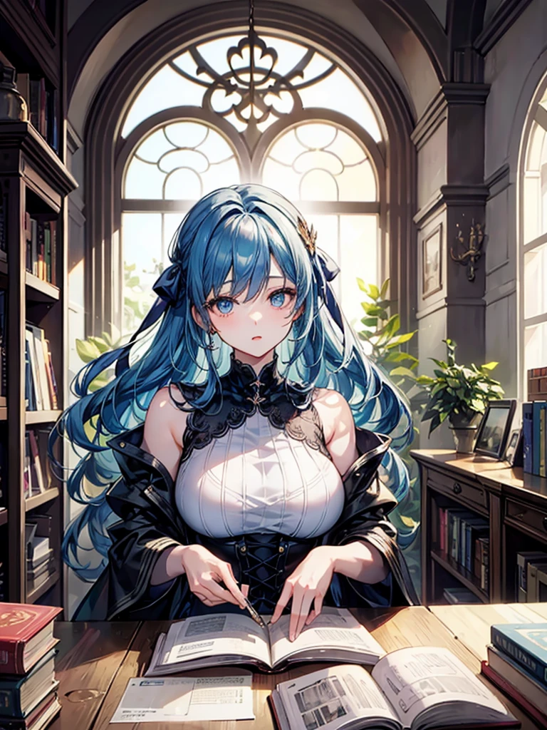 （（（masterpiece、Highest image quality、highest quality、highly detailed unity 8ｋwallpaper）））、（（Illustration of one girl、upper body））、（（（beautiful girl）））、（librarian）、blue hair、（stocky build, thickset physique：1.3, broad shoulders, solid chest）、big breasts、librarian服、grand library