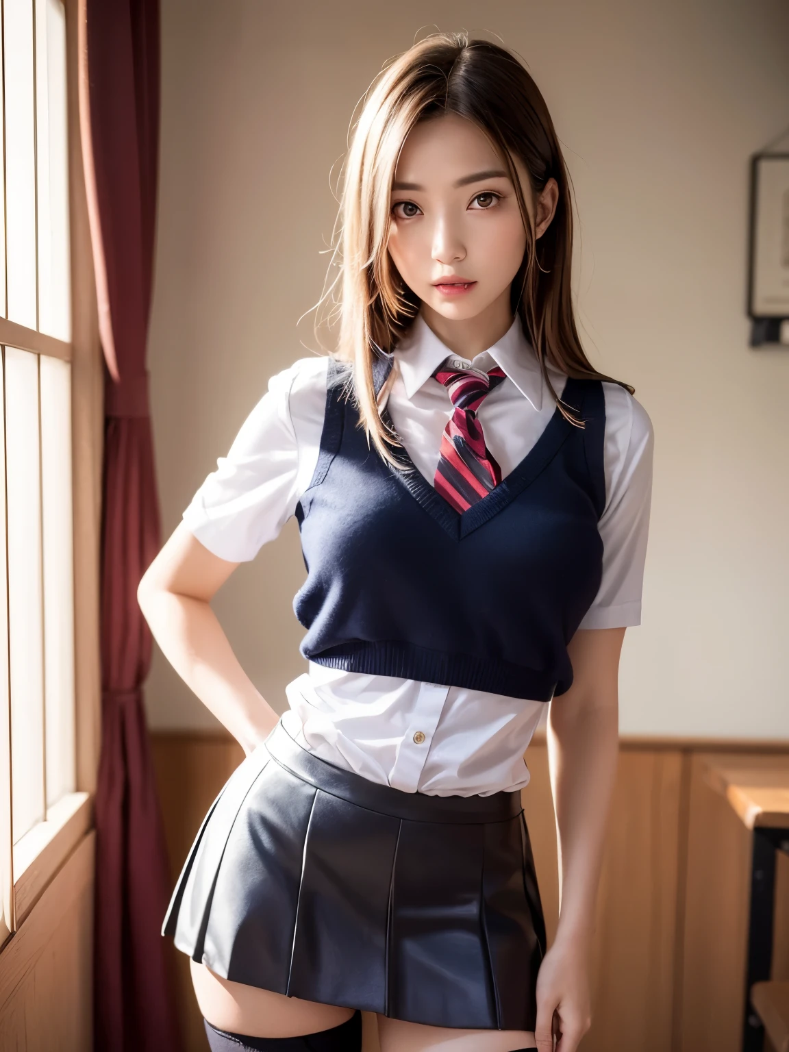 （highest quality，4K，masterpiece：1.2），Beautiful woman，1 girl，sexy：1.1，dark yellow hair：1.1，Woman in school uniform，Drenched uniform，super detailed face，detailed lips，fine eyes，double eyelid，miniskirt white stockings，stand up