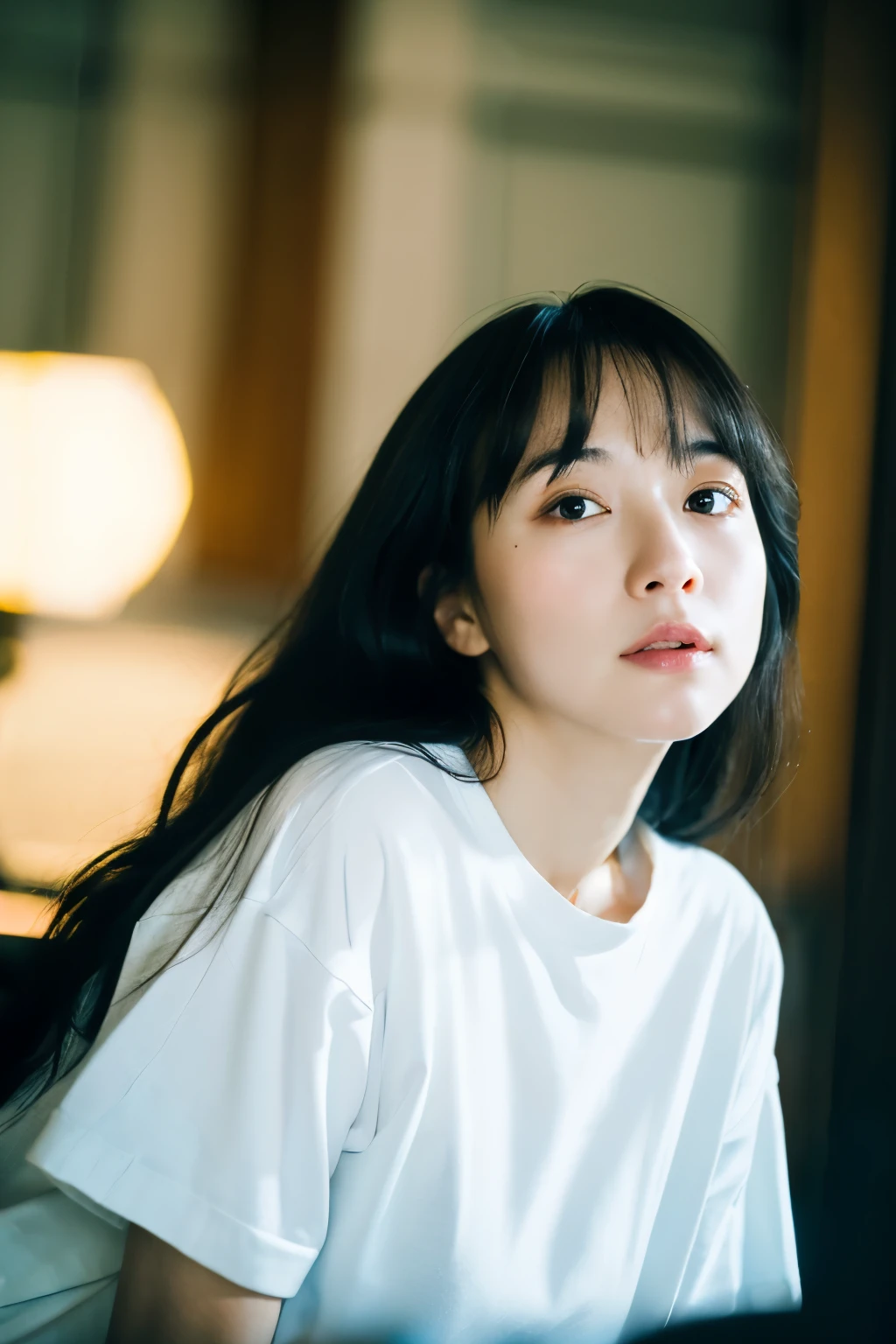 (8K, RAW photo, highest quality, High resolution:1.1), (hyperrealistic:1.4),(realistic, photorealistic:1.3), soft light,realistic face,realistic body,realistic skin,disorganized,masterpiece,(cute:1.8),(leaning forward:1.8),(From above:1.2),(close:1.4),crawl on all fours,throw,( Detailed white loose t-shirt:1.2),(Beautiful breasts:0.9),(long hair,ponytail),(big:1.2),cleavage,fine black eyes,innocent eyes,droopy eyes,Watery eye,open lips,blush,good style,cinema light,film Grain,close,look viewer,full Body,Depth of field, blurred background,Eye focus,young,85mm lens, f/ 1.4,professional lighting,portrait,photon mapping,radio city,Physically based rendering,Transparency,Day本の女の子,Day,Sunny,outdoor