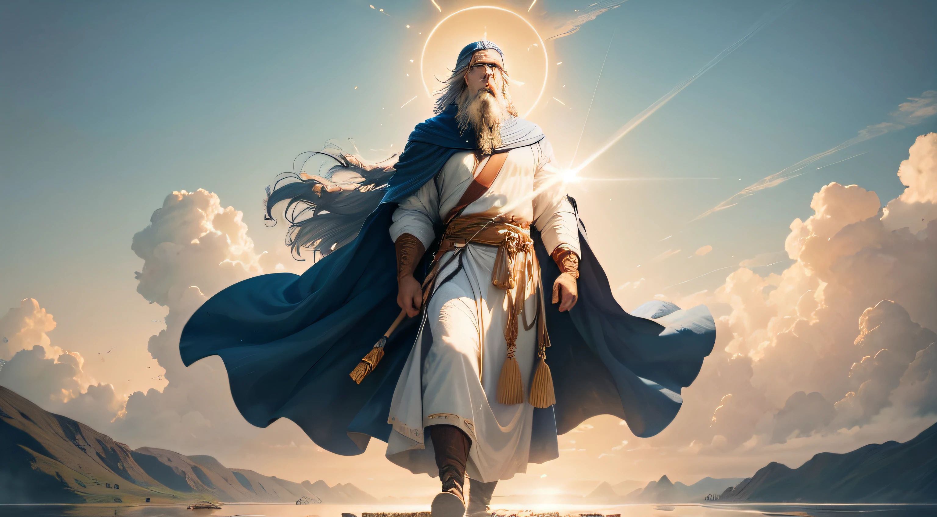 Draw an illustrative image of God as an image of inspiration. The scenery is majestic and uplifting, with the sun shining in the blue sky and soft clouds in the background. God is pictured standing, em nas novens com um olhar sereno e determinado em seu rosto. He is dressed in his traditional clothes, holding the staff firmly in one hand and the other extended to the sky, as if he were leading his people through the divine voice. The Hebrew people are gathered around him, homens, Women and children, all looking at Moses with wonder and gratitude. Some people may be touching your robes or holding your hands as a sign of respect. No fundo, a Terra Prometida pode ser vista em toda a sua beleza, com colinas, Fertile rivers and fields, symbolizing the realization of the journey led by Moses. The scene conveys the idea of charismatic and inspiring leadership, singling out Moses as a spiritual guide and a reference figure for his people