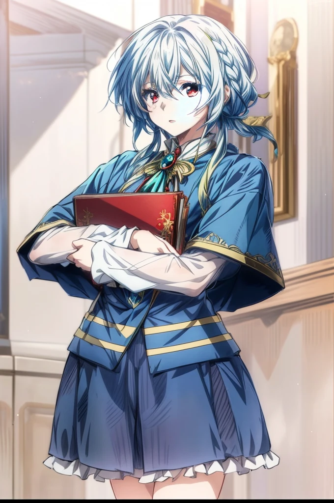 anime girl with long snow white hair and blue dress holding a red book, blood red eyes, female protagonist 👀 :8, delicate androgynous prince, beautiful androgynous prince, highly detailed exquisite fanart, marin kitagawa fanart, detailed anime character art, female anime character, beautiful character painting, as an anime character, beatrice blue, ((wearing aristocrat robe)), anime character