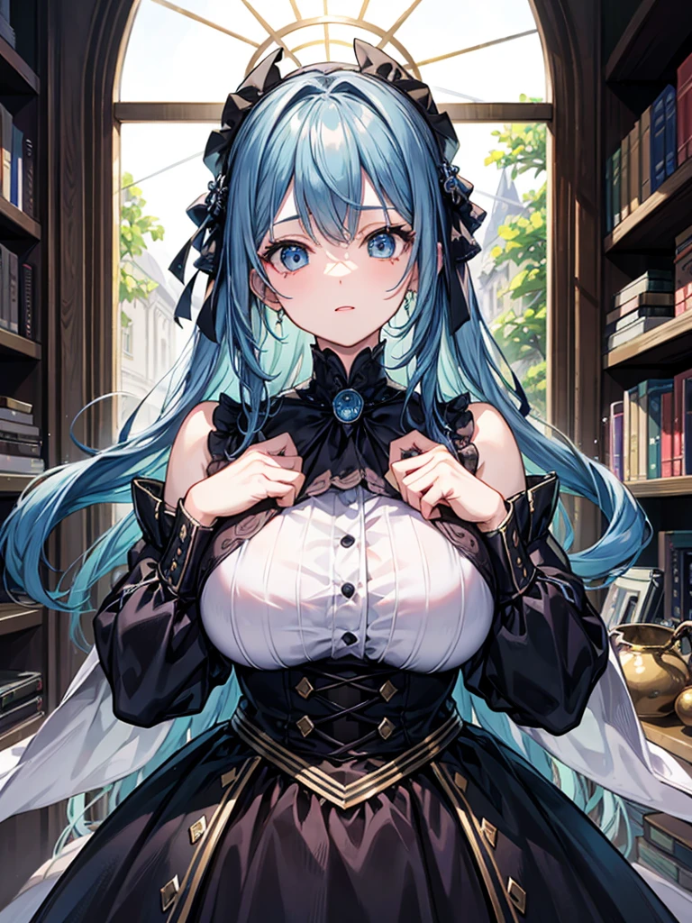 （（（masterpiece、Highest image quality、highest quality、highly detailed unity 8ｋwallpaper）））、（（Illustration of one girl、upper body））、（（（beautiful girl）））、（librarian）、blue hair、（stocky build, thickset physique：1.3, broad shoulders, solid chest）、big breasts、librarian服、grand library