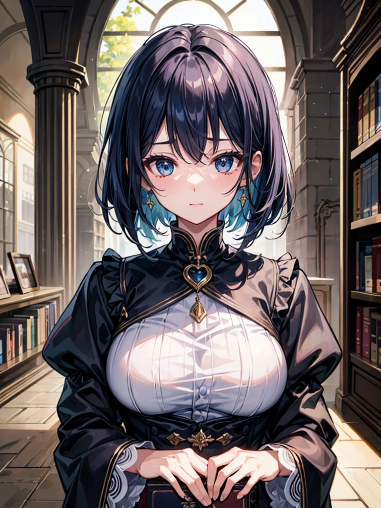 (((masterpiece、Highest image quality、highest quality、highly detailed unity 8kwallpaper)))、((Illustration of one girl、upper body))、(((beautiful girl)))、(librarian)、blue hair、(stocky build, thickset physique:1.3, broad shoulders, solid chest)、big breasts、librarian服、grand library
