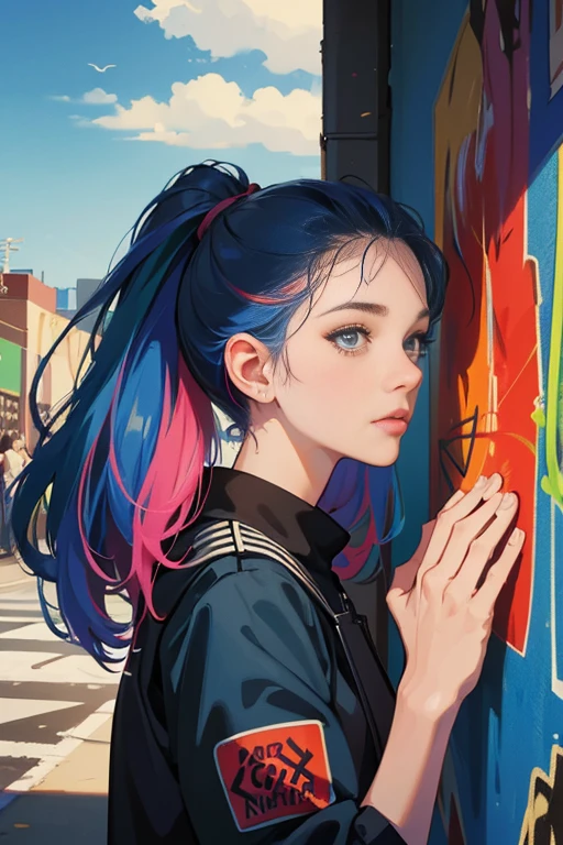 (best quality), masterpiece, extremely detailed CG uniform 8K illustration, high color, extremely high color saturation, all colors deepened, paint, graffiti art, center composition, extremely detailed light and shadow, graffiti wall, wall painted bright, 1 girl graffiti 1 girl looking at the wall, extremely detailed face and eyes, medium length hair, sportswear, colored clouds
