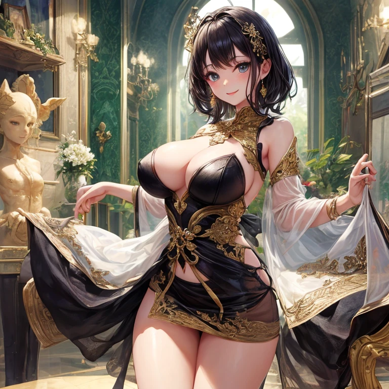 brand foreign beauty、luxurious dress、See-through、No sleeve、far coat、gold and black ornaments、big breasts、thin thighs、thin waist、sexy pose、smile