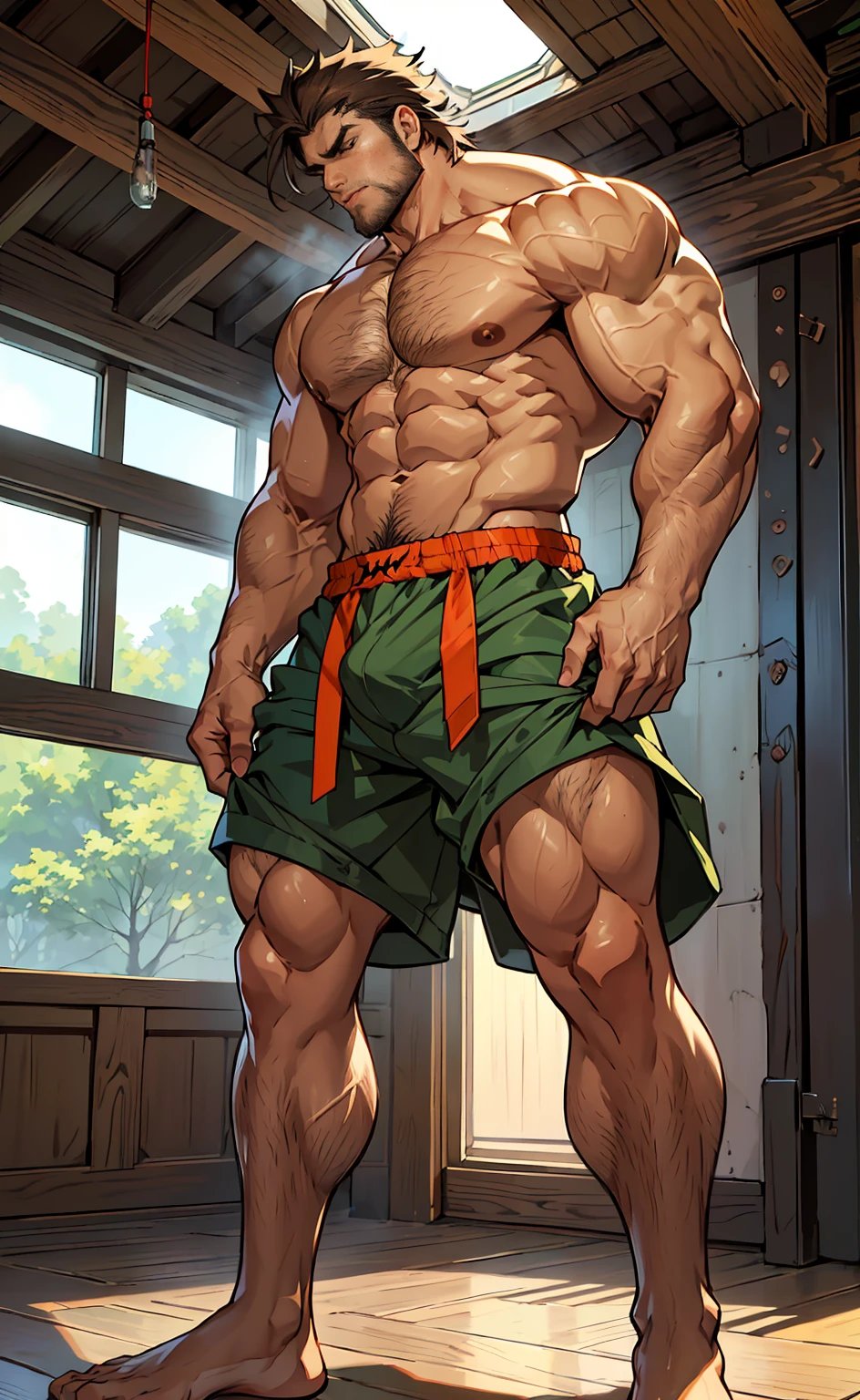 (shoeless),(shoeless),ripe,(Long legs covered with long, thick leg hair),Super big feet,(Whole body),(Long leg hair),( With a green tattoo on his shoulder),(body hair thick),(He was wearing Baggy shorts which showed his long, muscular, hairy legs),(The genital organs are extremely prominent),(Very large genitalia),The background in an interior with vintage furniture and vintage wooden floor surroundinacropodia),(Side to audience) ,(Put his hands at his waist), (eyes looking at audience) ,(There a huge protuberance across the part),Side Body,Sharp eyes,(Thick dark brown hair on crotch),(Bottom-up view),Shoulders very broad,Muscles protrude a lot,Bulging crotch,(Long legs),Highest image quality,Anime ,anime wallpaper,Dilation of the pectoral muscles,Espalhe as pernas,sexy,(master part, best quality),((Exaggerated bulge of muscles)),The protagonist very tall and his head almost reaches the ceiling,Lush woods outside the window,musclebound and hulking, muscular characters, super buff and cool, tall and muscular, muscular!!, very buff, muscular attractive men, massive muscles, big muscle, Muscular men, anime handsome men, muscular!, gigachad muscles, muscular bodies, muscular character,(The house is very low),(head almost touched the roof),(Long legs covered with long, thick leg hair),(Long legs covered with long, thick leg hair),(Long legs covered with long, thick leg hair),(Long legs covered with long, thick leg hair),(Long legs covered with long, thick leg hair),(Long legs covered with long, thick leg hair),(Long legs covered with long, thick leg hair),(Long legs covered with long, thick leg hair),(Long legs covered with long, thick leg hair),(Long legs covered with long, thick leg hair),(Long legs covered with long, thick leg hair),(Long legs covered with long, thick leg hair),(Long legs covered with long, thick leg hair),(Long legs covered with long, thick leg hair),(Long legs covered with long, thick leg hair),(Long legs covered with long, thick leg hair),(Long leg