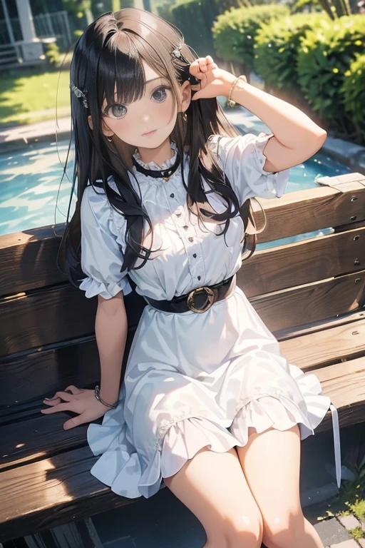 masterpiece++, best quality++, ultra-detailed+, extremely detailed++, 4K, 8K+, best quality, beautiful+, anime style,1person,full body image,summer,park,white lacefrill mini slipdress,narrow leather belt bound waist,beautiful straight black hair,beautiful black eyes, beautiful eyes++,long straight hair