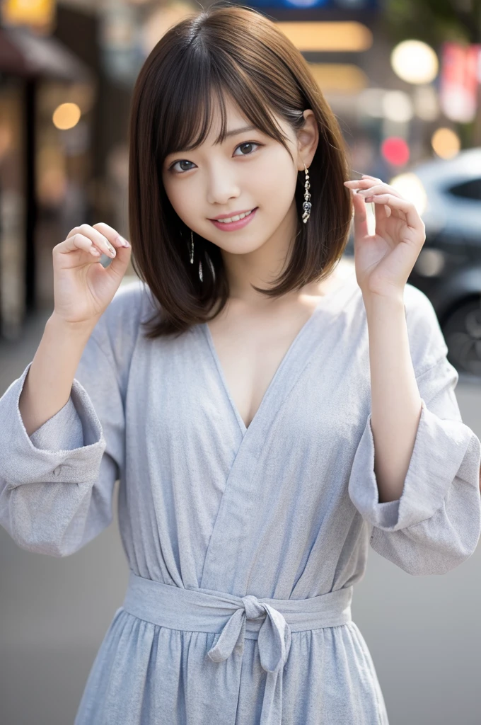 table top, highest quality, figure, super detailed, finely, High resolution, 8k wallpaper, 完璧なダイナミックな構figure, beautiful and fine eyes, ladies' fashion,very short hair,small breasts natural color lip, bold sexy pose,smile,Harajuku、20 year old girl、cute、sexy shot looking at camera