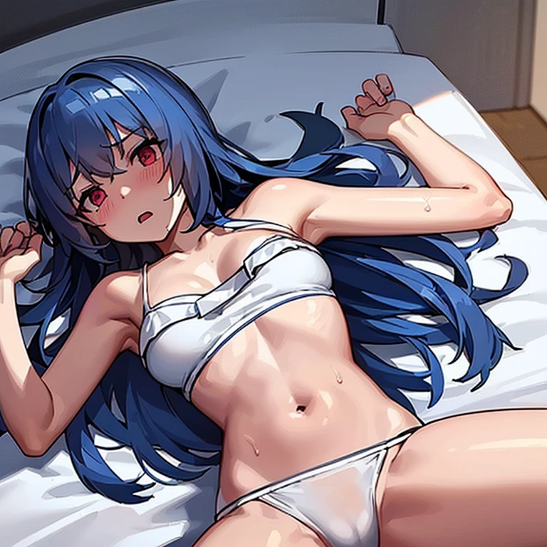 (masterpiece, best quality)a girl,white bikini,small breasts,black,lying on white bed,spread legs,detail,soaking wet,get wet,blush,Awkward,Fear,shy,doubt