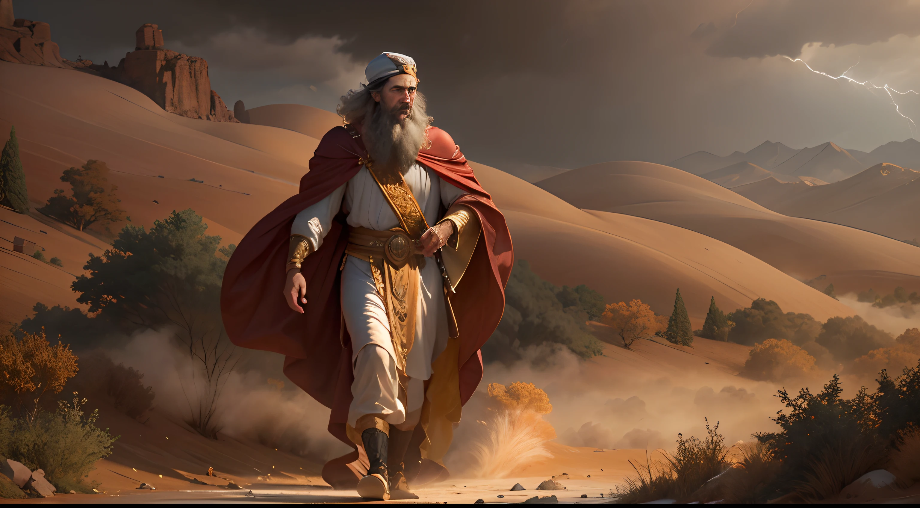 (best quality:1.2, 16k:1.2),ultra-detalhado,(Realistic:1.37),King Solomon walking in the wilderness,nuvem,Storm Biblical Times