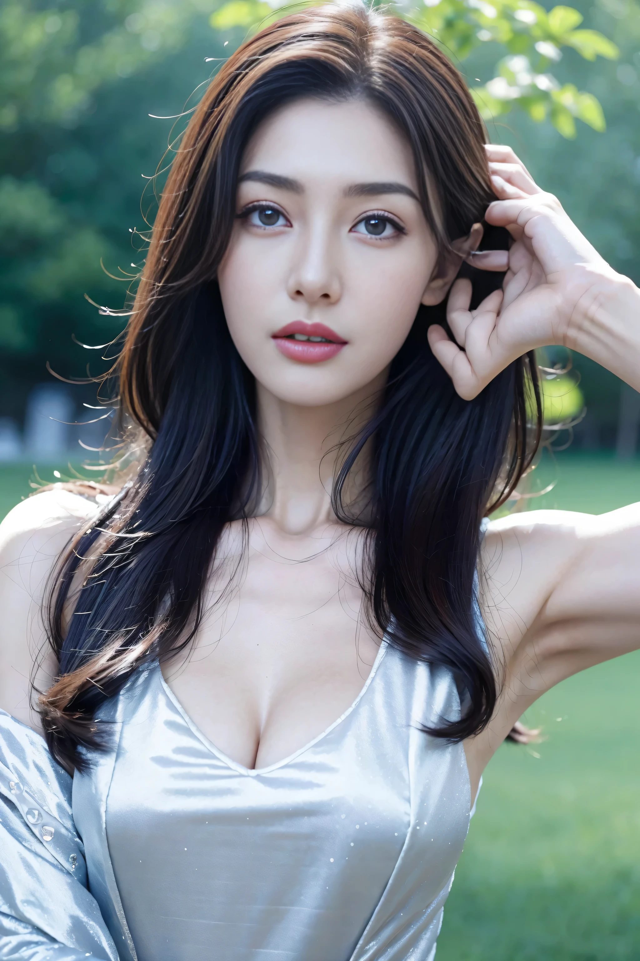 top-quality、超A high resolution、(Photorealsitic:1.4)、Cinematic,Bewitching beauty,Colossal 、up looking_で_viewer、detailed face details、beatiful detailed eyes、Silvery hair、blue eyess、Thin、Bewitching look、(makeups:0.3)、red-lips、Very detailed clothes、(ulzzang -6500-v1.1:0.3)