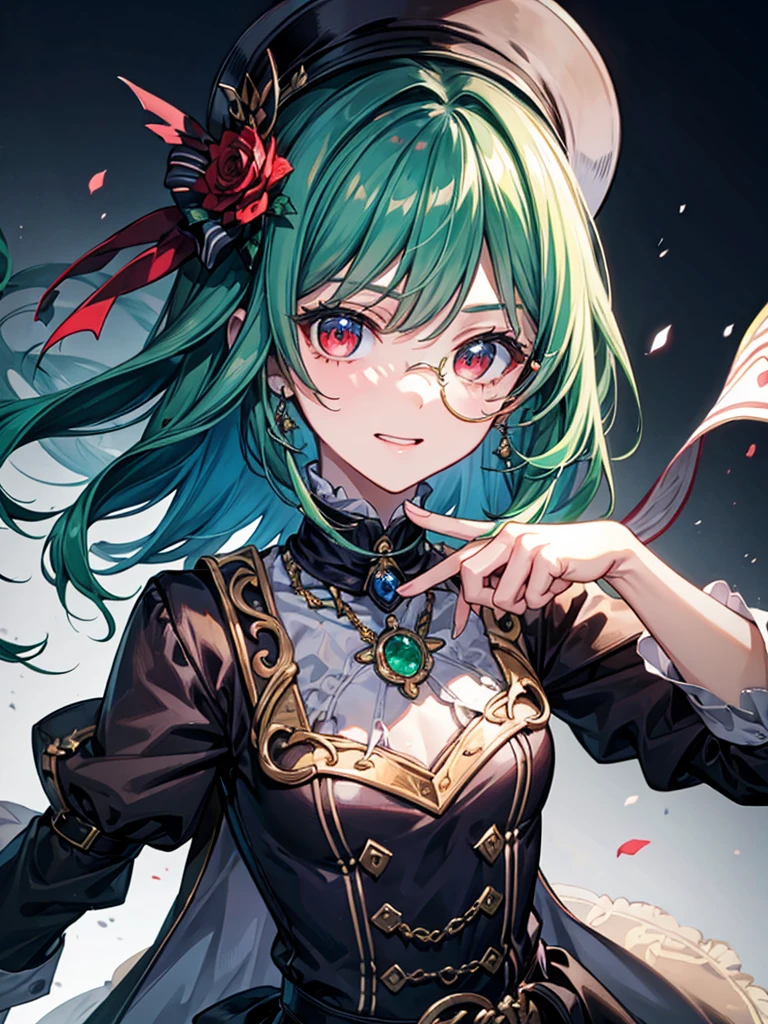 （（（masterpiece、Highest image quality、highest quality、highly detailed unity 8ｋwallpaper）））、（（Illustration of one girl、upper body））、（（（beautiful girl）））、（librarian）、（Emerald green hair、sidelocks：1.2、red eyes、crazy smile）、（（（flat chest）））、monocle、pocket watch、（（（Black top hat、tuxedo）））、grand library