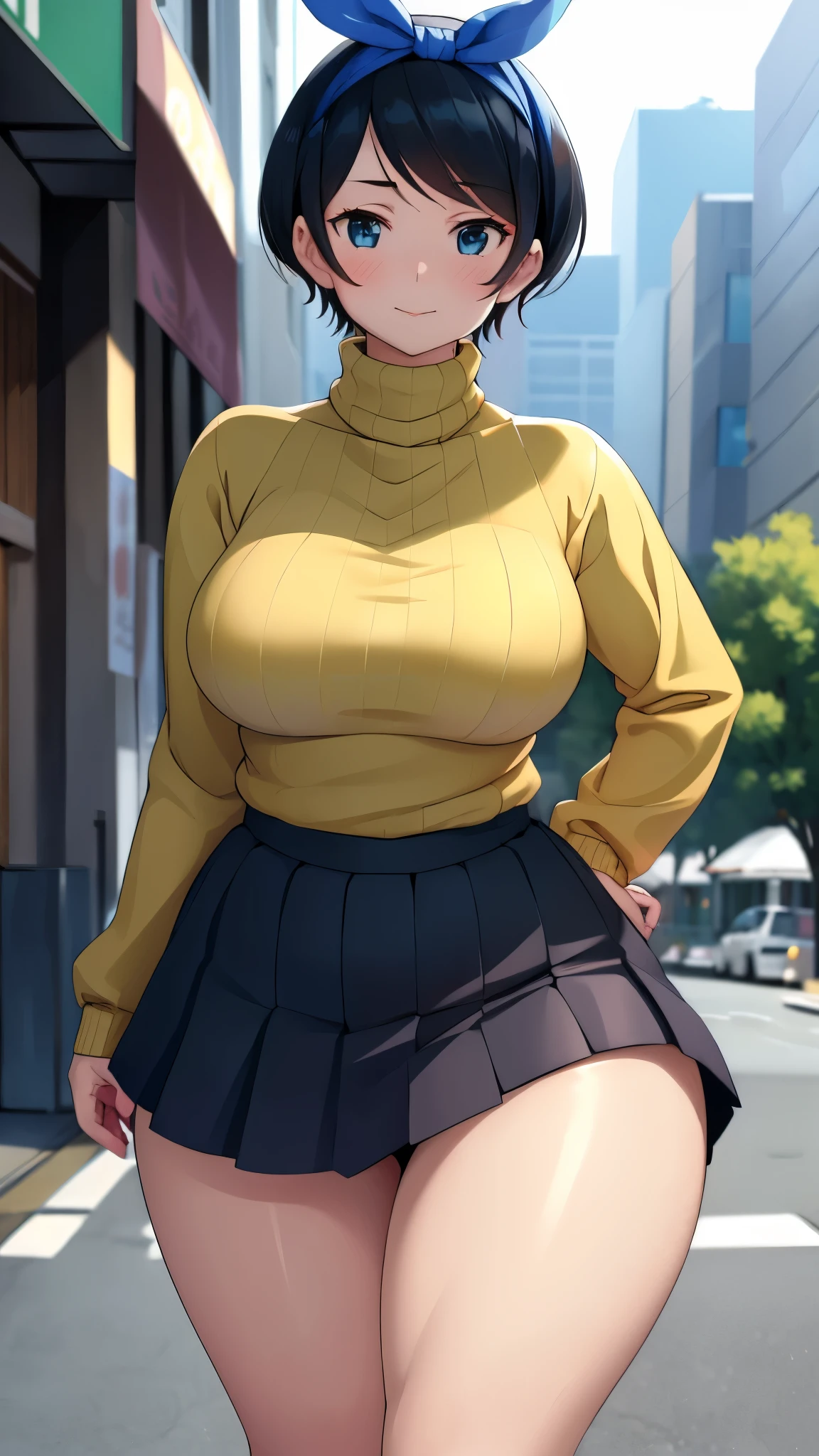 ((Masterpiece)), perfect anatomy, perfect shading, field of depth, (best quality), extremely delicate and beautiful, perfect lighting, detailed face, ultra cute face, cute, (cowboy shot 1.2), (((1girl))), ((solo)), looking at viewer,
((((Sarashina Ruka)))), ((blue hairband)), ((tan turtleneck sweater)), ((black pleated skirt)), ((blush)) sweet smile, medium , perky breasts hips), ((thick thighs)),
Japanese city, street, intricate background, detailed background, standing,