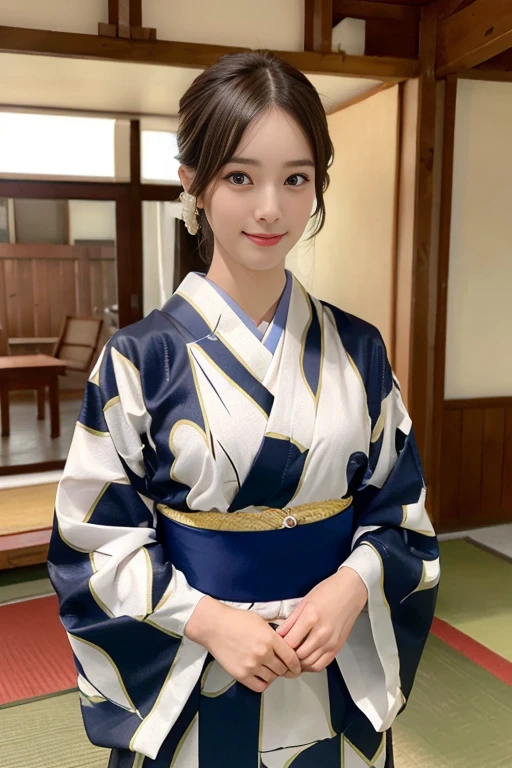 ((highest quality, 8K, masterpiece: 1.3)), sharp focus: 1.2, (super beautiful face: 1.0), (The beauty of slender abs: 1.0), (shiny skin: 1.0), realistic photography, black hair, realistic student, video writing, High resolution eyes and face, video writing, (cowboy shot: 1.3), kimono, in the same way, heart, (cute korean actress), Originally, traditional kimono, Happy, looking at the audience, from the front,