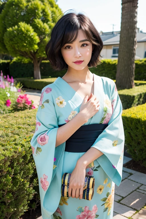 ((highest quality)), ((masterpiece)), (be familiar with), young face,bob hair,cute,garden,slouch,kimono,black hair