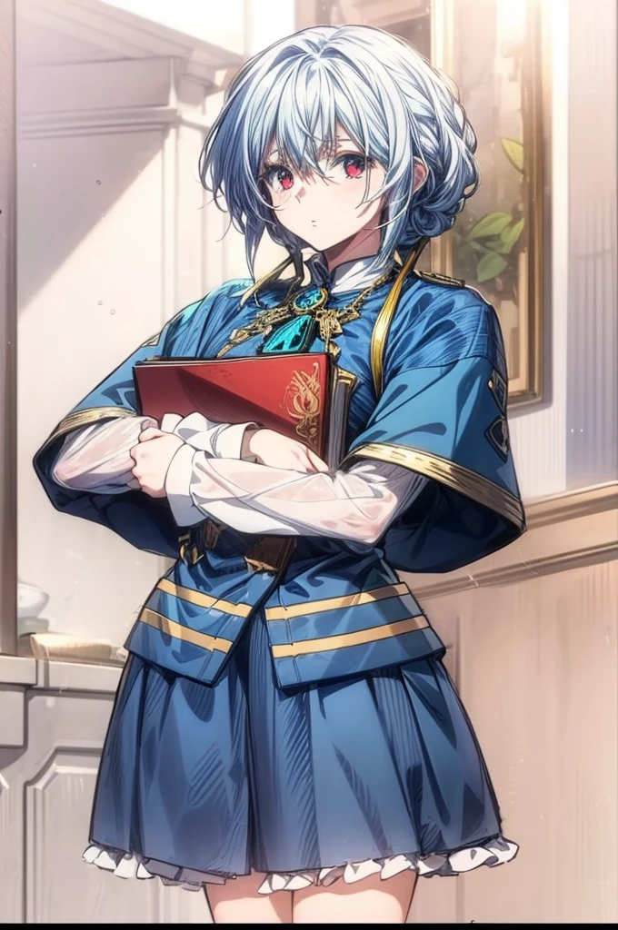 anime girl with long snow white hair and blue dress holding a red book, blood red eyes, female protagonist 👀 :8, delicate androgynous prince, beautiful androgynous prince, highly detailed exquisite fanart, marin kitagawa fanart, detailed anime character art, female anime character, beautiful character painting, as an anime character, beatrice blue, ((wearing aristocrat robe)), anime character
