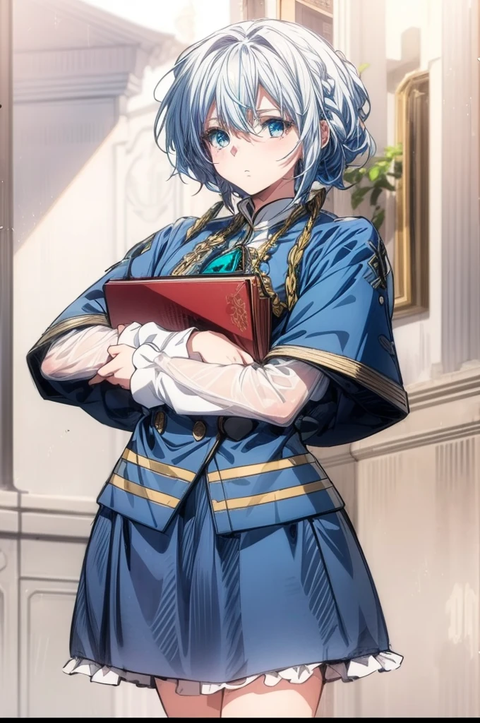anime girl with long snow white hair and blue dress holding a red book, blood red eyes, female protagonist 👀 :8, delicate androgynous prince, beautiful androgynous prince, highly detailed exquisite fanart, marin kitagawa fanart, detailed anime character art, female anime character, beautiful character painting, as an anime character, beatrice blue, ((wearing aristocrat robe)), anime character