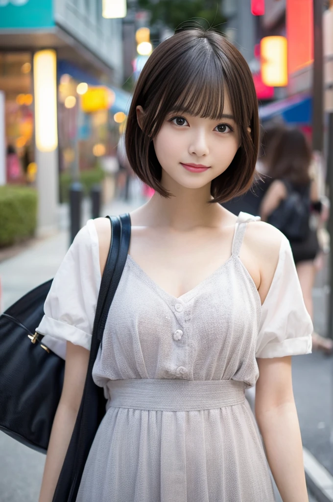 table top, highest quality, figure, super detailed, finely, High resolution, 8k wallpaper, 完璧なダイナミックな構figure, beautiful and fine eyes, ladies' fashion,very short hair,small breasts natural color lip, bold sexy pose,smile,Harajuku、20 year old girl、cute、sexy shot looking at camera