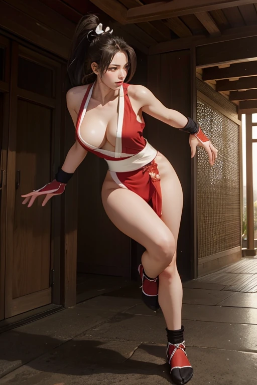(mai shiranui:1.5), (tabi:1.5), (Full body portrait:1.5), (Realism), (master piece:1.5), (Best Quality), (ultra-detailliert), (8K, 4K, Convoluted), (Flat Lighting:1.2), (skinny), Prestige, Brown eyes, Long hair, brown eyes, long hair, brown hair, white ribbon, sleeveless, ponytail, sash, pelvic curtain, arm guards, gloves, tabi, fascinated expression, Sexy eyes, slim, medium breasts, Smile, Cute, view the viewer, Long hair, Close to Japan temple, (breasts focus:1.2), (Realistic:1.2), light Particle, Lighting, (Highly detailed:1.2), (Detailed face:1.2), (gradients), SFV, Colorful, (Detailed eyes:1.2), Detailed temples of Japan, Detailed background, (Dynamic Angle:1.2), Dynamic Pose, (Line of action:1.2), Wide Shot, Daylight, Solo.