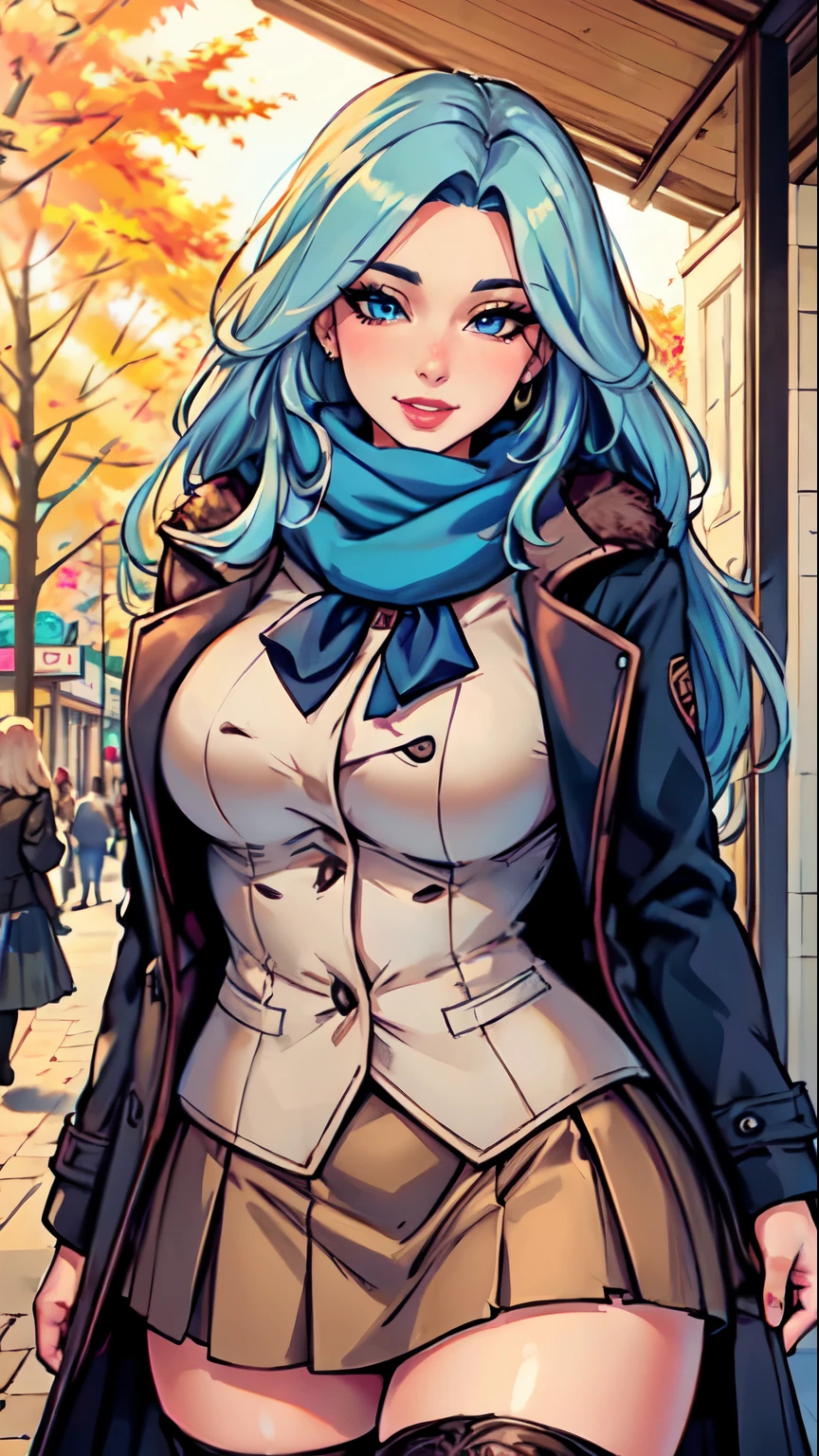Masterpiece, raw, beautiful art, professional artist, 8k, art style by sciamano240, very detailed face, very detailed hair, 1 mature woman, perfectly drawn body, beautiful face, long hair, light blue hair , very detailed blue eyes, pouty lips , rosey cheeks, intricate details in eyes, playful smile, looking directly at viewer , in love with viewer expression, wedding ring , lipstick, very close up on face, sunny fall day, out shopping, wearing cute fall clothes, coat, scarf, skirt, thigh boots,