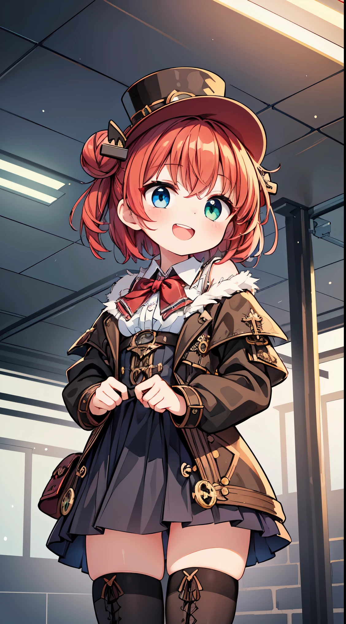 (8k, best quality, masterpiece:1.2),(best quality:1.0), (ultra highres:1.0), watercolor,
BREAK, 1 beautiful girl, (kawaii:1.5), (Chibi: 0.8), (kawaii: 1.5), (Lori: 0.5), ( girl), BREAK(Red hair, short-hair,Two buns hair:1.4),(:D,grin:1.3),( Heterochromia,The blue eyes,The green eyes, Eye Highlights,The first hyperfine stars:1.45), star the eye silhouette thick eyelashes, naked boobs double eyelids:1.2),(de pele branca), (The best smile,:D:1.45),
BREAK, train,station,(a girl), platform, snow, BREAK, (steampunk-inspired motif:1.33), smoky lace, brown corset, (closed collar long-sleeved blouse:1.2) heavy coat with black frills, a volumey pannier under a (long skirt:1.3), lace ruffle socks, top hat, goggles, lace-up boots, leather glove, steampunk-items,
BREAK,wakame,wakame,wakame,(Cowboy Shot,from below:1.4),
BREAK,(Blurry background:1.3),(absurderes, hight resolution, Super Detail Art),cel shading,Clear Color, Lonely optical effect, Beautiful pictures, Bright glow, mystic atmosphere,(Close-up of girl:1.1), Mystical light particle effect,manga influence, clean line drawings,