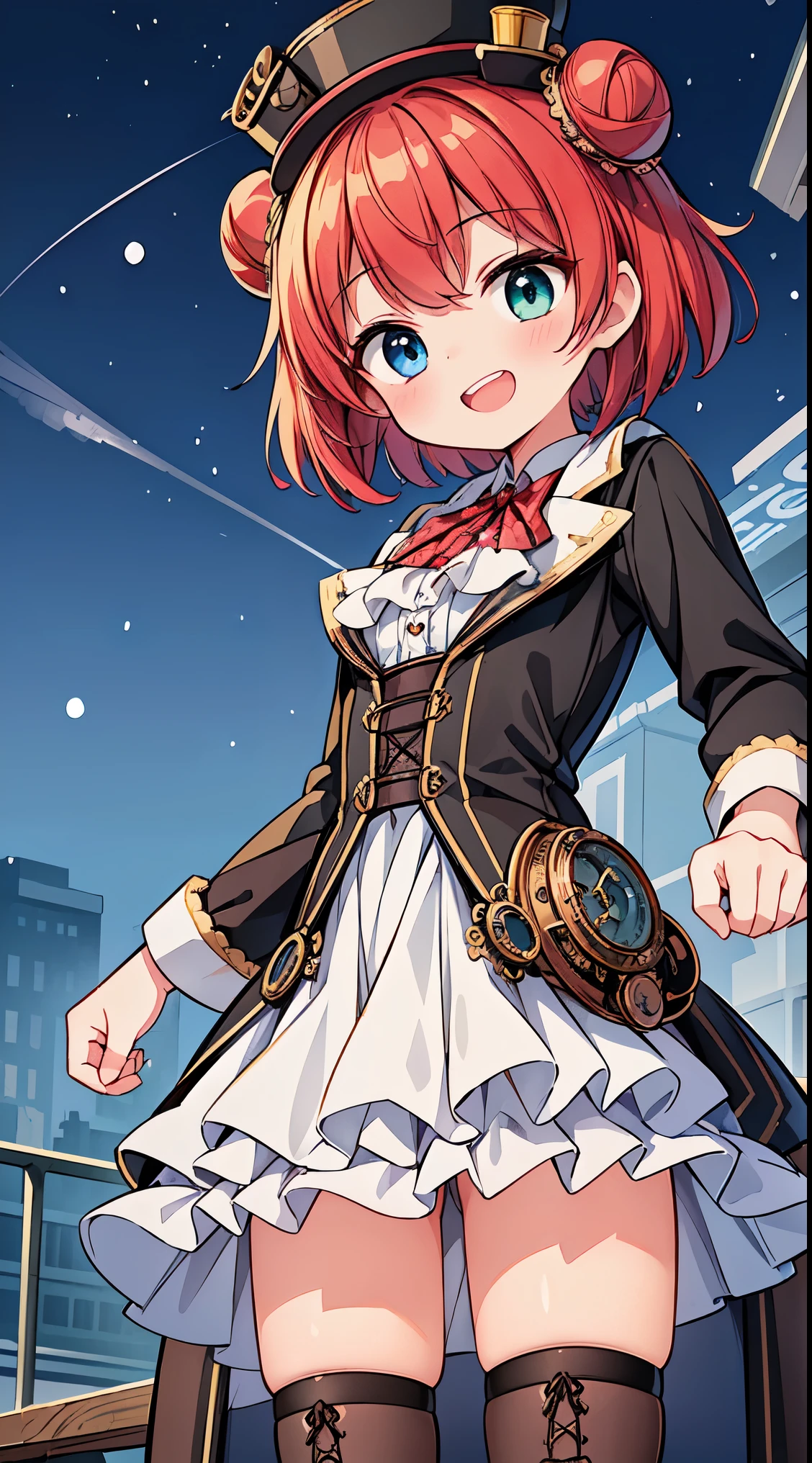 (8k, best quality, masterpiece:1.2),(best quality:1.0), (ultra highres:1.0), watercolor,


BREAK,  1 beautiful girl, (kawaii:1.5), (Chibi: 0.8), (kawaii: 1.5), (Lori: 0.5), (17 years old girl), BREAK(Red hair, short-hair,Two buns hair:1.4),(:D,grin:1.3),( Heterochromia,The blue eyes,The green eyes, Eye Highlights,The first hyperfine stars:1.45), star the eye silhouette thick eyelashes, naked boobs double eyelids:1.2),(de pele branca), (The best smile,:D:1.45),
BREAK, train,station,(a girl), platform, snow, BREAK, (steampunk-inspired motif:1.33), smoky lace, brown corset, (closed collar long-sleeved blouse:1.2) heavy coat with black frills, a volumey pannier under a (long skirt:1.3), lace ruffle socks, top hat, goggles, lace-up boots, leather glove, steampunk-items,


BREAK,wakame,wakame,wakame,(Cowboy Shot,from below:1.4), 


BREAK,(Blurry background:1.3),(absurderes, hight resolution, Super Detail Art),cel shading,Clear Color, Lonely optical effect, Beautiful pictures, Bright glow, mystic atmosphere,(Close-up of girl:1.1), Mystical light particle effect,manga influence, clean line drawings, 