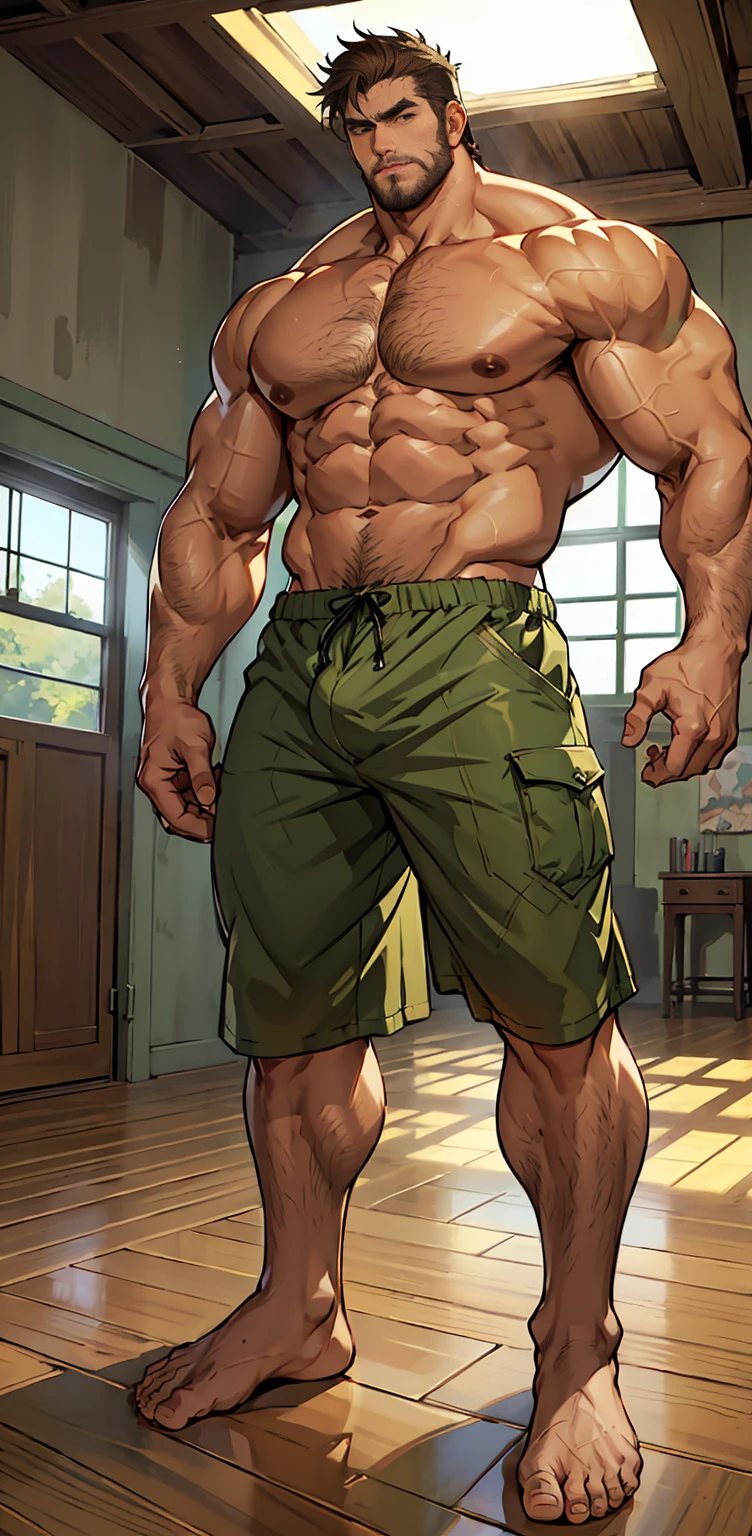 (shoeless)，(shoeless)，ripe，(Long legs covered with long, thick leg hair)，Super big feet,(Whole body),(Long leg hair)，( With a green tattoo on his shoulder),(body hair thick)，(He was wearing Baggy shorts which showed his long, muscular, hairy legs)，(The genital organs are extremely prominent)，(Very large genitalia)，The background in an interior with vintage furniture and vintage wooden floor surroundinacropodia),(Side to audience) ，(Put his hands at his waist)， (eyes looking at audience) ，(There a huge protuberance across the part)，Side Body，Sharp eyes，(Thick dark brown hair on crotch)，(Bottom-up view)，Shoulders very broad，Muscles protrude a lot，Bulging crotch，(Long legs)，Highest image quality，Anime ，anime wallpaper，Dilation of the pectoral muscles，Espalhe as pernas，sexy,(master part, best quality)，((Exaggerated bulge of muscles))，The protagonist very tall and his head almost reaches the ceiling，Lush woods outside the window，musclebound and hulking, muscular characters, super buff and cool, tall and muscular, muscular!!, very buff, muscular attractive men, massive muscles, big muscle, Muscular men, anime handsome men, muscular!, gigachad muscles, muscular bodies, muscular character，(The house is very low)，(head almost touched the roof)，(Long legs covered with long, thick leg hair)，(Long legs covered with long, thick leg hair)，(Long legs covered with long, thick leg hair)，(Long legs covered with long, thick leg hair)，(Long legs covered with long, thick leg hair)，(Long legs covered with long, thick leg hair)，(Long legs covered with long, thick leg hair)，(Long legs covered with long, thick leg hair)，(Long legs covered with long, thick leg hair)，(Long legs covered with long, thick leg hair)，(Long legs covered with long, thick leg hair)，(Long legs covered with long, thick leg hair)，(Long legs covered with long, thick leg hair)，(Long legs covered with long, thick leg hair)，(Long legs covered with long, thick leg hair)，(Long legs covered with long, thick leg hair)，(Long leg