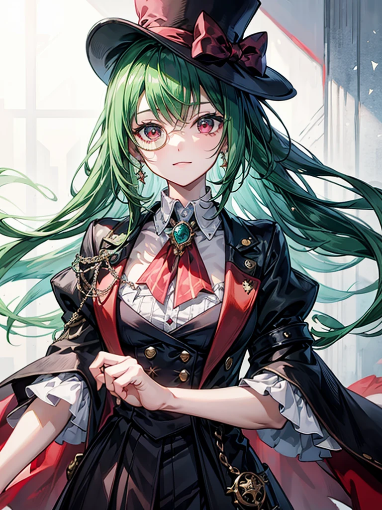 （（（masterpiece、Highest image quality、highest quality、highly detailed unity 8ｋwallpaper）））、（（Illustration of one girl、upper body））、（（（beautiful girl）））、（librarian）、（Emerald green hair、sidelocks：1.2、red eyes、crazy smile）、（（（flat chest）））、monocle、pocket watch、（（（Black top hat、tuxedo）））、grand library