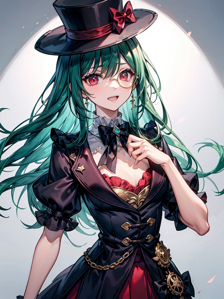 anime female character, shoulder length hair, medium turquoise color hair, bangs, green eyes, vest, boots, full body shot, pose, elegant, bangs, ouji fashion, "Black Butler" inspired outfit., butler outfit, suit, coat, fancy top hat, bowties, anime, Gothic art, anime, Gothic art, masterpiece, anatomically correct, accurate, high details, highres, 4K, 8K, highres, 1080P, super detail, masterpiece, anatomically correct, 