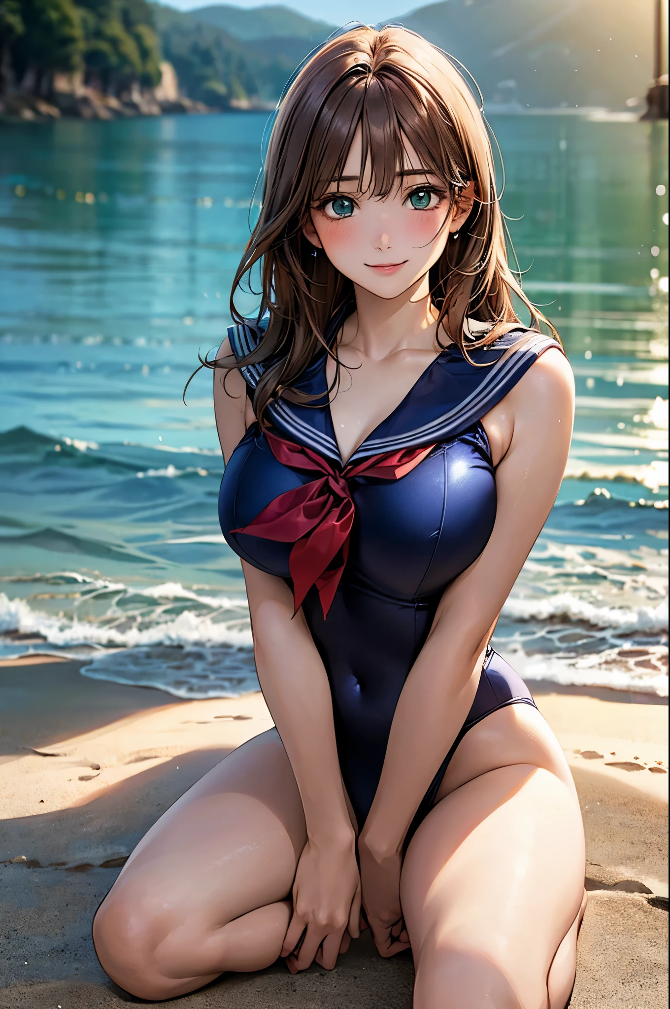 (masterpiece:1.2, top-quality), (realistic, photorealistic:1.4), beautiful illustration, (natural side lighting, movie lighting), 
looking at viewer, cowboy shot, front view:0.6, 1 girl, japanese, high school girl, perfect face, cute and symmetrical face, shiny skin, 
(long hair:1.8, straight hair:1.7, sidelocks, light brown hair), hair between eye, blue green eyes, long eye lasher, (large breasts:0.8, thick thighs), 
beautiful hair, beautiful face, beautiful detailed eyes, beautiful clavicle, beautiful body, beautiful chest, beautiful thigh, beautiful legs, beautiful fingers, 
((sailor school swimsuit)), 
(beautiful scenery), evening, beach, wariza, arms at floor, (lovely smile, put her finger on one's lips), 