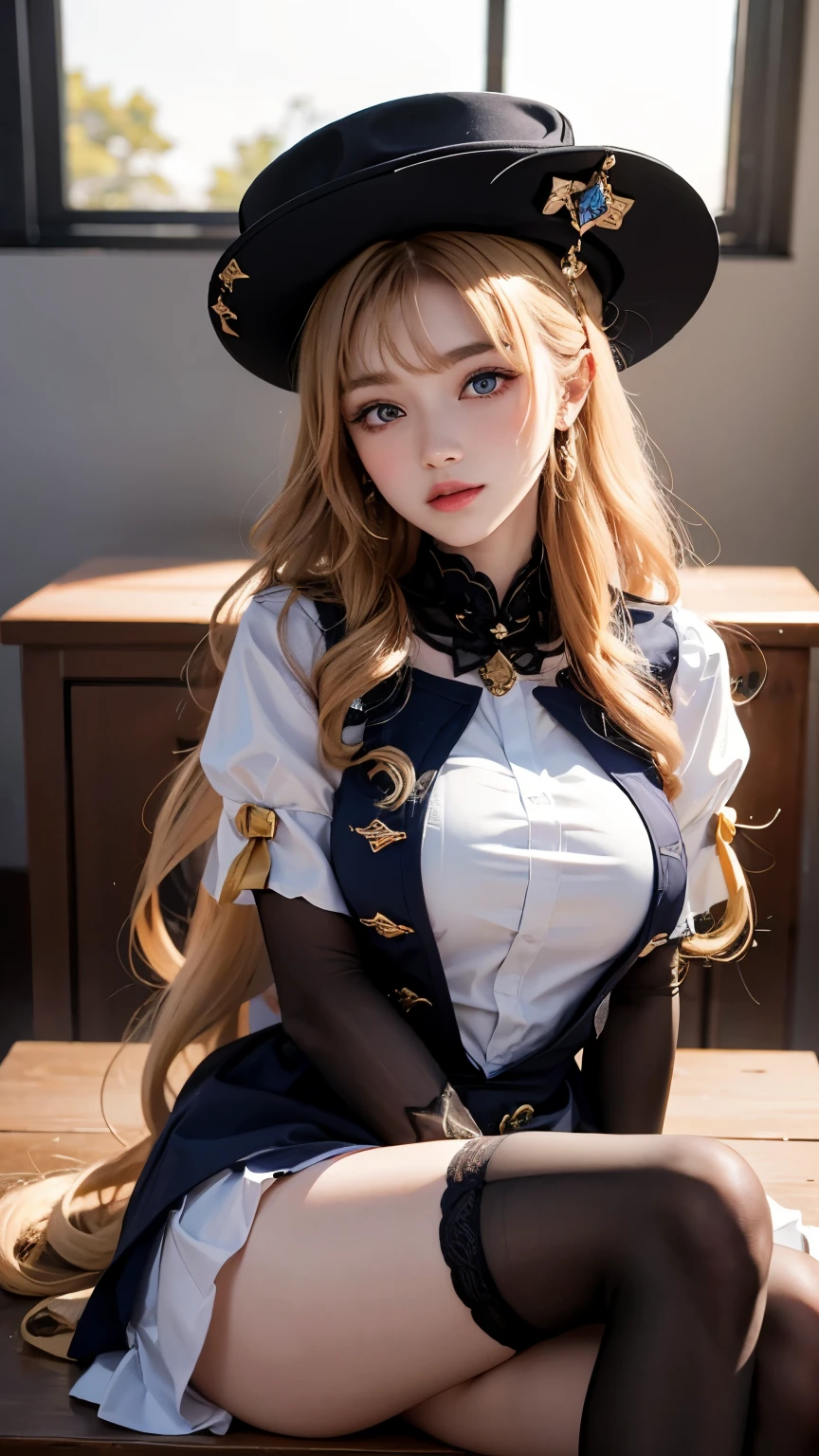 top quality,masterpiece,high detail,16k quality,Beautiful girl,long golden hair,curls,hat,Beautiful blue eyes,Uniforms,white shirt,black,revealing white through,plump,Big hanging breasts dropped by gravity,Blushed,She looks at the camera,ecstatic,spread legs,Classroom at evening,bright red sky,Beautiful purple clouds,