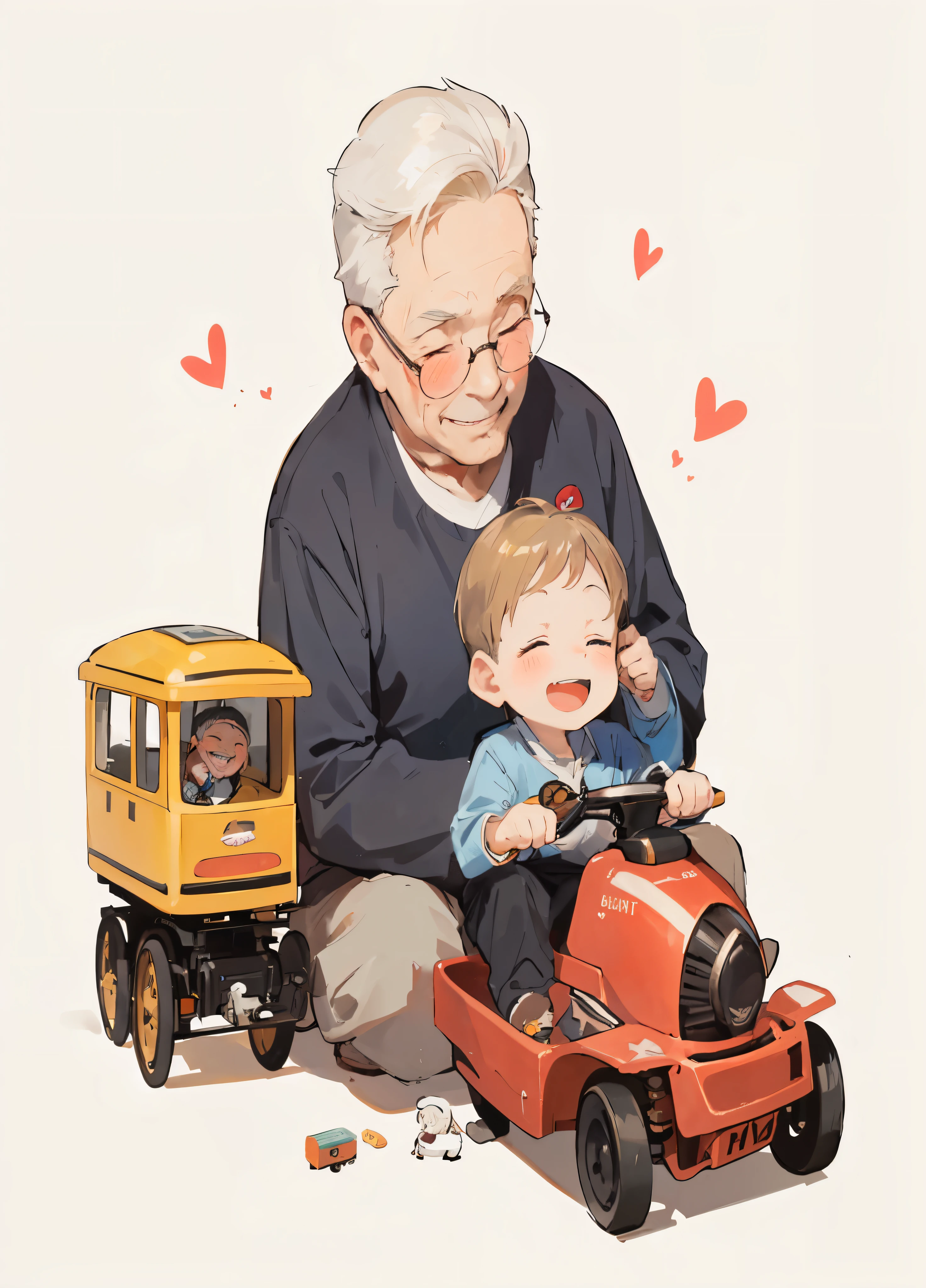 ( and old man:1.2), toy. play together.side by side.sitting.bright and cheerful smile.heart.game.heart-warming atmosphere.train toy.masterpiece,high quality