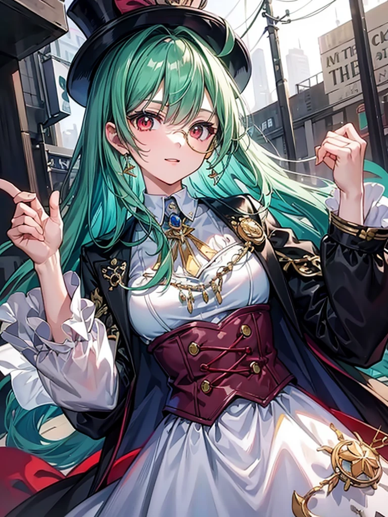 （（（masterpiece、Highest image quality、highest quality、highly detailed unity 8ｋwallpaper）））、（（Illustration of one girl、upper body））、（（（beautiful girl）））、（librarian）、（Emerald green hair、sidelocks：1.2、red eyes、crazy smile）、（（（flat chest）））、monocle、pocket watch、（（（Black top hat、tuxedo）））、grand library