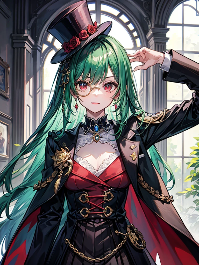 (((masterpiece、Highest image quality、highest quality、highly detailed unity 8kwallpaper)))、((Illustration of one girl、upper body))、(((beautiful girl)))、(librarian)、(Emerald green hair、sidelocks:1.2、red eyes、crazy smile)、(((flat chest)))、monocle、pocket watch、(((Black top hat、tuxedo)))、grand library