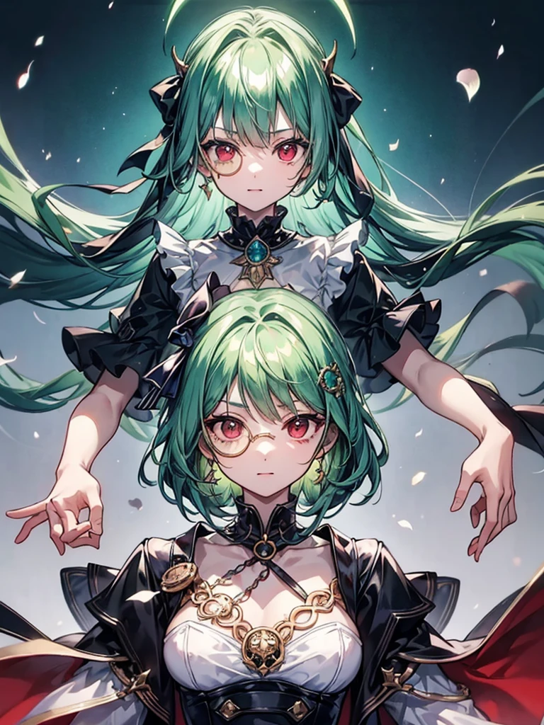 (((masterpiece、Highest image quality、highest quality、highly detailed unity 8kwallpaper)))、((Illustration of one girl))、(((beautiful girl)))、(Emerald green hair、sidelocks:1.2、red eyes)、(((Men)))