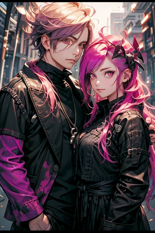 A pink haired handsome male reaper with violet eyes is posing with a pink haired female reaper with violet eyes in a forest