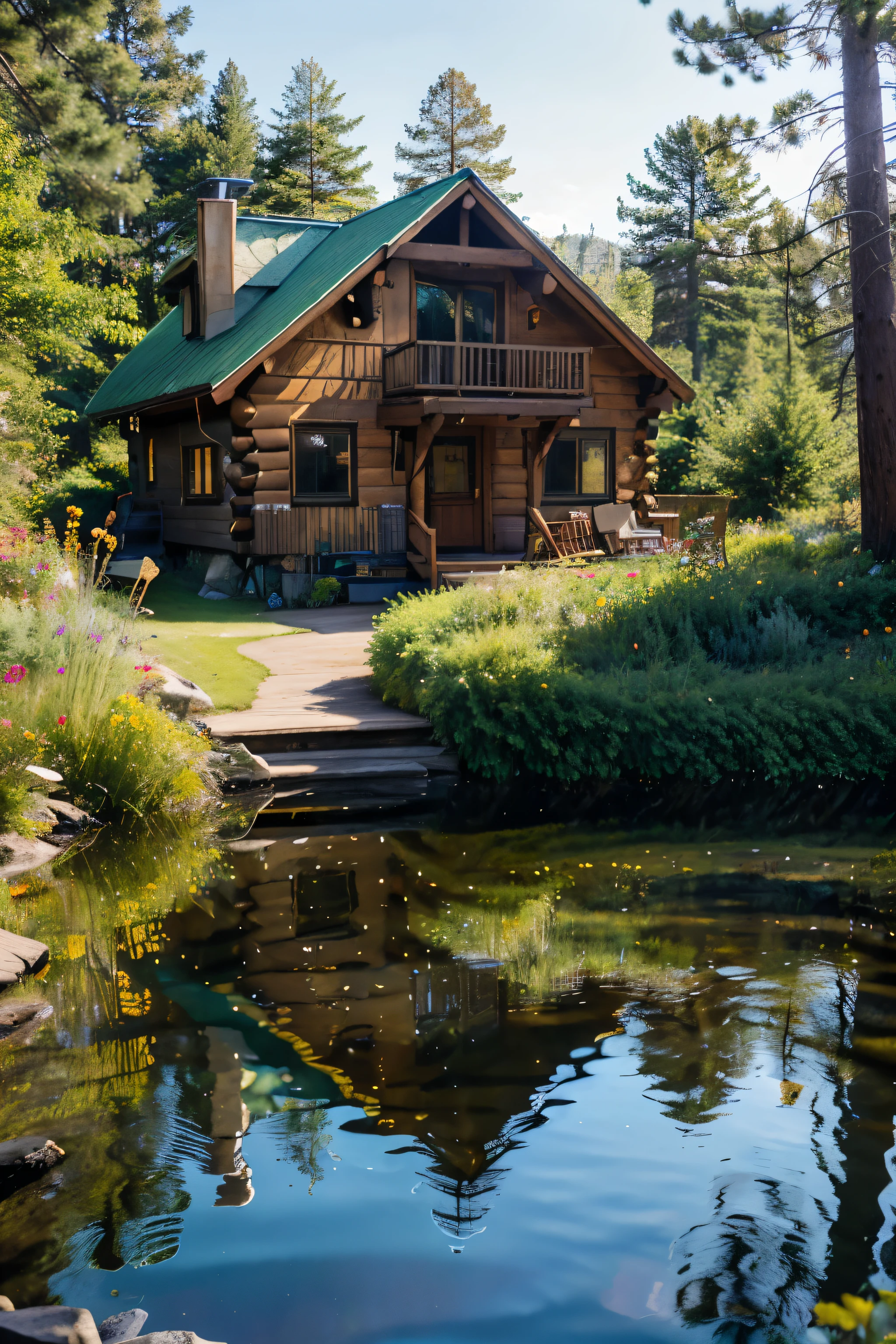 (exterior view,Cozy Cottage,Eoods,near Lake Tahoe Shore),(best quality,4k,8k,highres,masterpiece:1.2),ultra-detailed,(realistic,photorealistic,photo-realistic:1.37),landscape,vivid colors,warm tones,natural lighting,panoramic view,serene atmosphere,lush greenery,tranquil lake,peaceful surroundings,picturesque scenery,golden sunlight,reflection on water,crisp clear air,subtle breeze,cozy and inviting atmosphere,wooden cottage,Northern Californian charm,windows adorned with flower boxes,well-maintained garden,lakeside setting,winding pathway leading to the cottage,rocking chairs on the porch,idyllic escape,escape from the city,relaxation and rejuvenation,escape to nature,majestic mountains in the background,tall pine trees,sound of birds chirping,colorful wildflowers,hiking trails,adventure awaits,fresh morning dew on the grass,clean and fresh air,peace and tranquility.