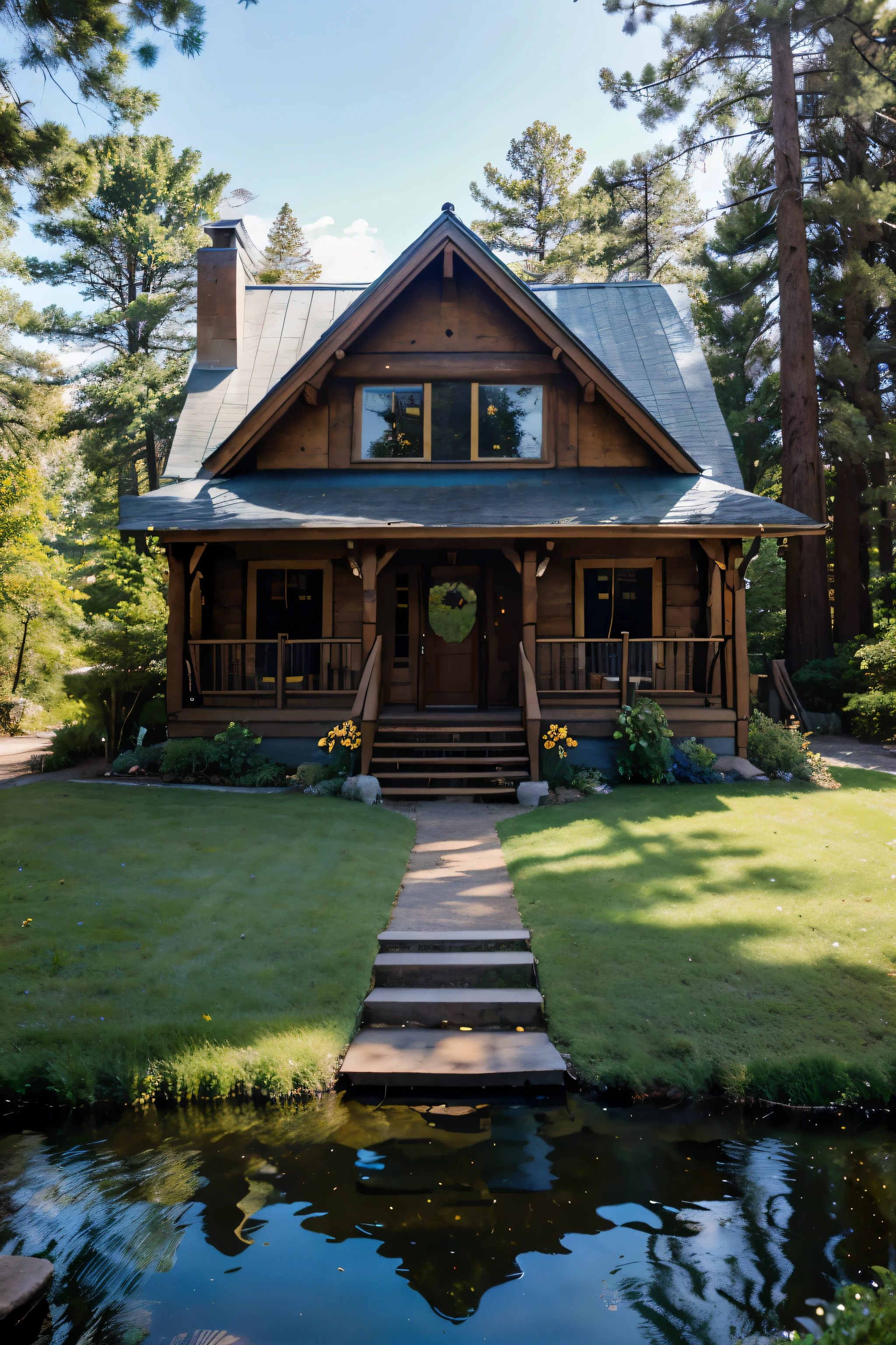 (exterior view,Cozy Cottage,Eoods,near Lake Tahoe Shore),(best quality,4k,8k,highres,masterpiece:1.2),ultra-detailed,(realistic,photorealistic,photo-realistic:1.37),landscape,vivid colors,warm tones,natural lighting,panoramic view,serene atmosphere,lush greenery,tranquil lake,peaceful surroundings,picturesque scenery,golden sunlight,reflection on water,crisp clear air,subtle breeze,cozy and inviting atmosphere,wooden cottage,Northern Californian charm,windows adorned with flower boxes,well-maintained garden,lakeside setting,winding pathway leading to the cottage,rocking chairs on the porch,idyllic escape,escape from the city,relaxation and rejuvenation,escape to nature,majestic mountains in the background,tall pine trees,sound of birds chirping,colorful wildflowers,hiking trails,adventure awaits,fresh morning dew on the grass,clean and fresh air,peace and tranquility.