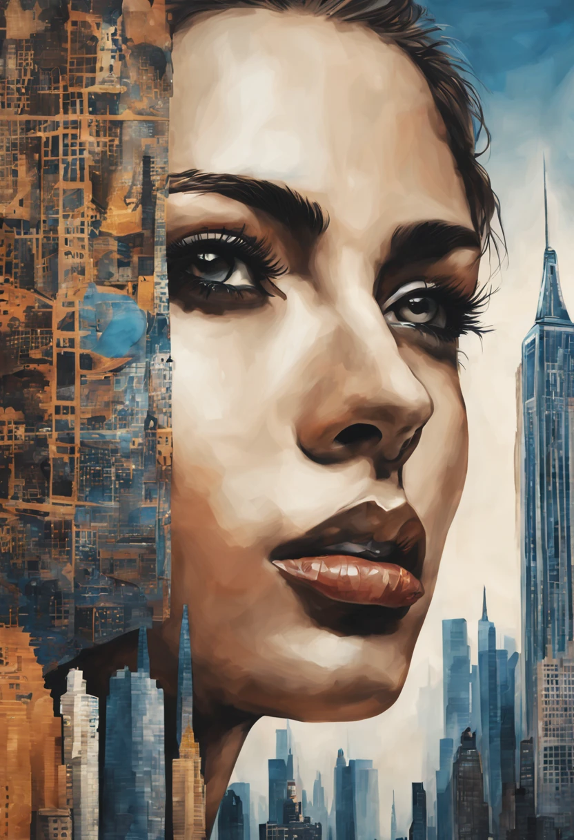 a closeup artwork of a woman face that combines a detailed and realistic woman face with elements of a new york skyline, blending the two together seamlessly. The eyes should be particularly expressive, reflecting the city within.