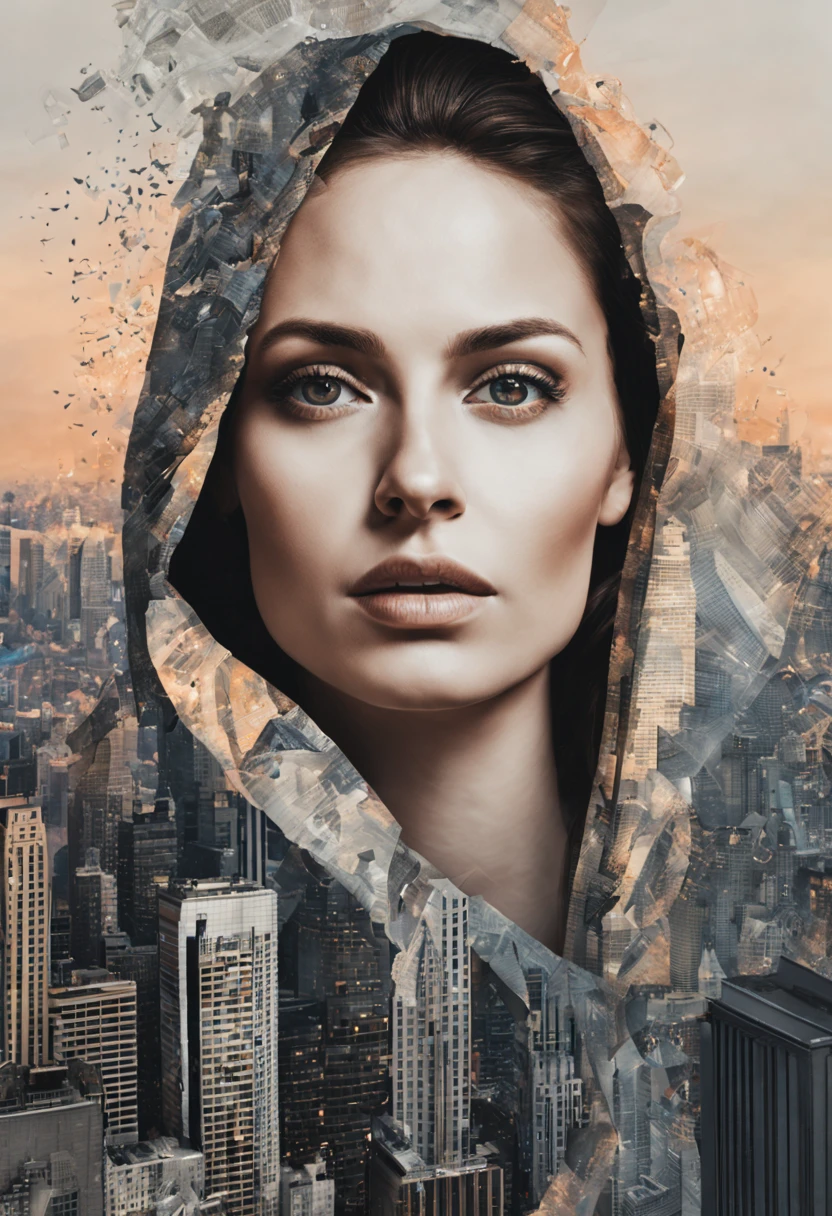 a closeup artwork of a woman face that combines a detailed and realistic woman face with elements of a new york skyline, blending the two together seamlessly. The eyes should be particularly expressive, reflecting the city within.