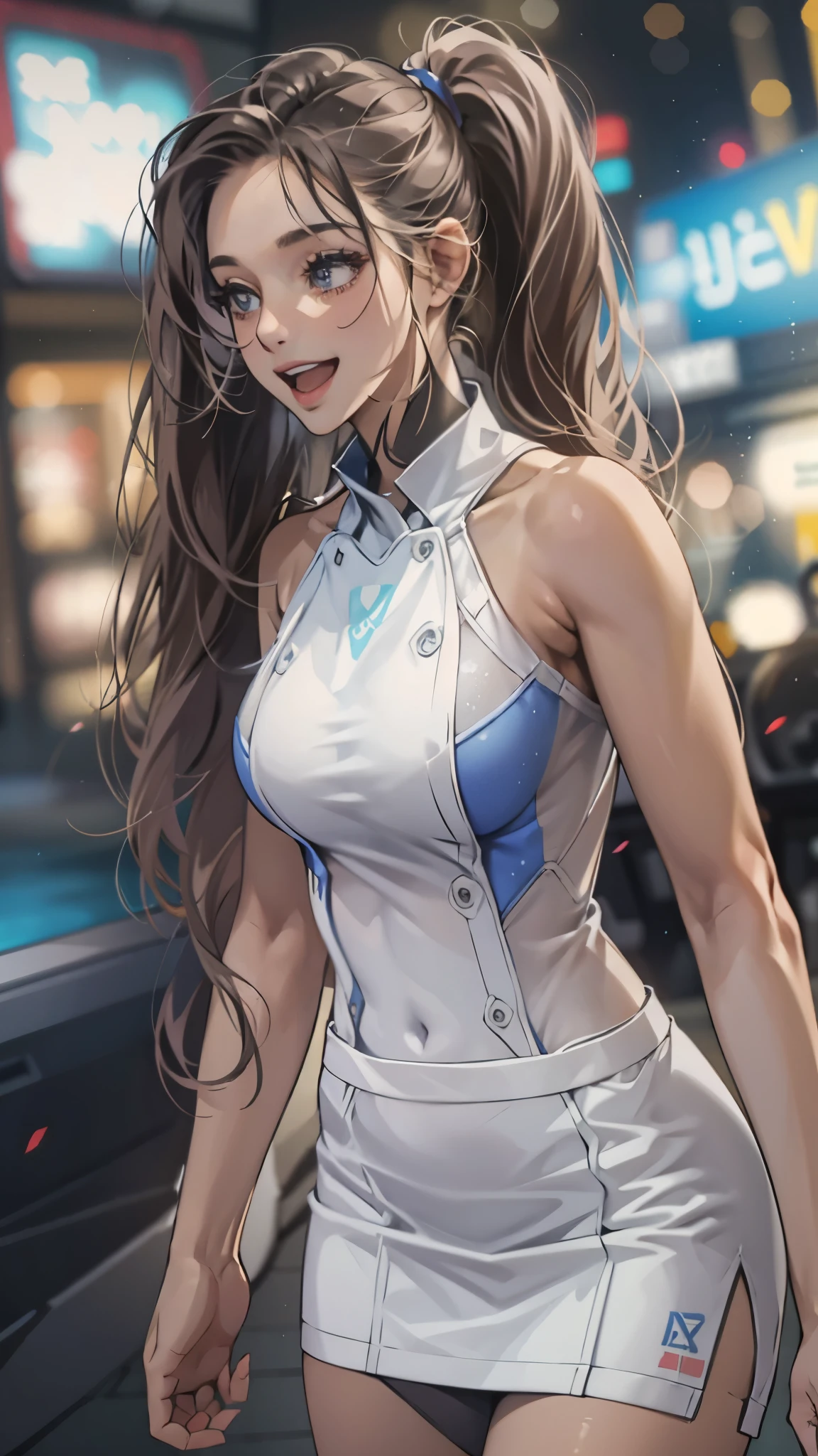 woman,20-year-old,,city,night,white tight miniskirt bodysuit,(),open mouth smile((See-through))glasses,((beautiful long ponytail))