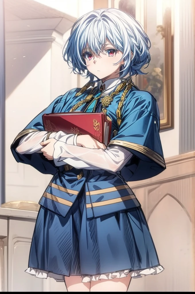 anime girl with long straight snow white hair and blue dress holding a red book, blood red eyes, female protagonist 👀 :8, delicate androgynous prince, beautiful androgynous prince, highly detailed exquisite fanart, marin kitagawa fanart, detailed anime character art, female anime character, beautiful character painting, as an anime character, beatrice blue, ((wearing aristocrat robe)), anime character