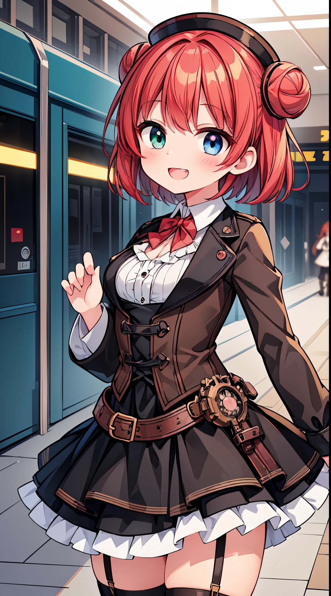 (8k, best quality, masterpiece:1.2),(best quality:1.0), (ultra highres:1.0), watercolor,
BREAK, 1 beautiful girl, (kawaii:1.5), (Chibi: 0.8), (kawaii: 1.5), (Lori: 0.5), (17 years old girl), BREAK(Red hair, short-hair,Two buns hair:1.4),(:D,grin:1.3),( Heterochromia,The blue eyes,The green eyes, Eye Highlights,The first hyperfine stars:1.45), star the eye silhouette thick eyelashes, naked boobs double eyelids:1.2),(de pele branca), (The best smile,:D:1.45),
BREAK, train,station,(a girl), platform, snow, BREAK, (steampunk-inspired motif:1.33), smoky lace, brown corset, (closed collar long-sleeved blouse:1.2) heavy coat with black frills, a volumey pannier under a (long skirt:1.3), lace ruffle socks, top hat, goggles, lace-up boots, leather glove, steampunk-items,
BREAK,wakame,wakame,wakame,(Cowboy Shot,from behind1.4),
BREAK,(Blurry background:1.3),(absurderes, hight resolution, Super Detail Art),cel shading,Clear Color, Lonely optical effect, Beautiful pictures, Bright glow, mystic atmosphere,(Close-up of girl:1.1), Mystical light particle effect,manga influence, clean line drawings,