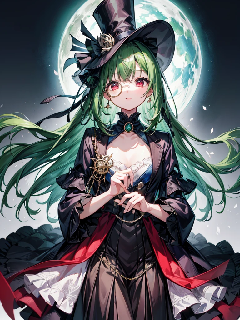 (((masterpiece、Highest image quality、highest quality、highly detailed unity 8kwallpaper)))、((Illustration of one girl、upper body))、(((beautiful girl)))、(librarian)、(Emerald green hair、sidelocks:1.2、red eyes、crazy smile)、(((flat chest)))、monocle、pocket watch、(((Black top hat、tuxedo)))、grand library、archive