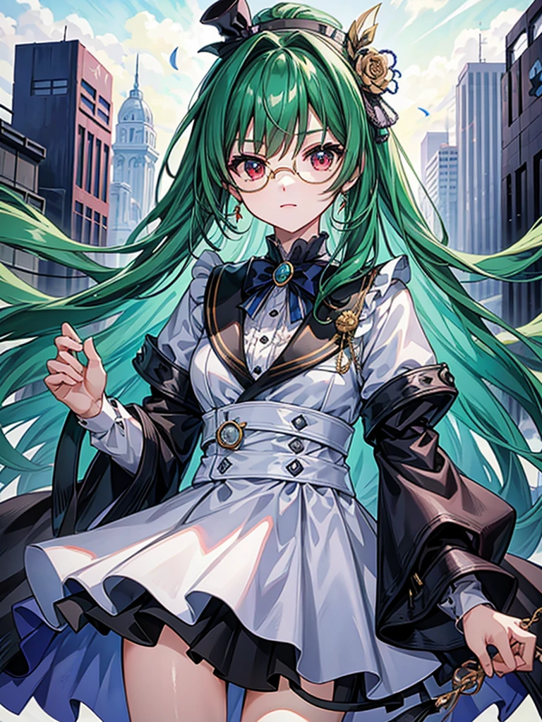 （（（masterpiece、Highest image quality、highest quality、highly detailed unity 8ｋwallpaper）））、（（Illustration of one girl、upper body））、（（（beautiful girl）））、（librarian）、（Emerald green hair、sidelocks：1.2、red eyes、crazy smile）、（（（flat chest）））、monocle、pocket watch、（（（Black top hat、tuxedo）））、grand library、archive