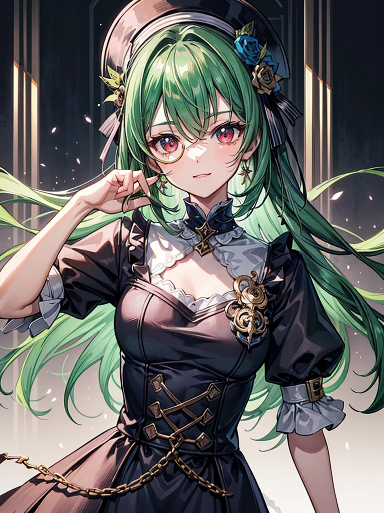 (((masterpiece、Highest image quality、highest quality、highly detailed unity 8kwallpaper)))、((Illustration of one girl、upper body))、(((beautiful girl)))、(librarian)、(Emerald green hair、sidelocks:1.2、red eyes、crazy smile)、(((flat chest)))、monocle、pocket watch、(((Black top hat、tuxedo)))、grand library、archive