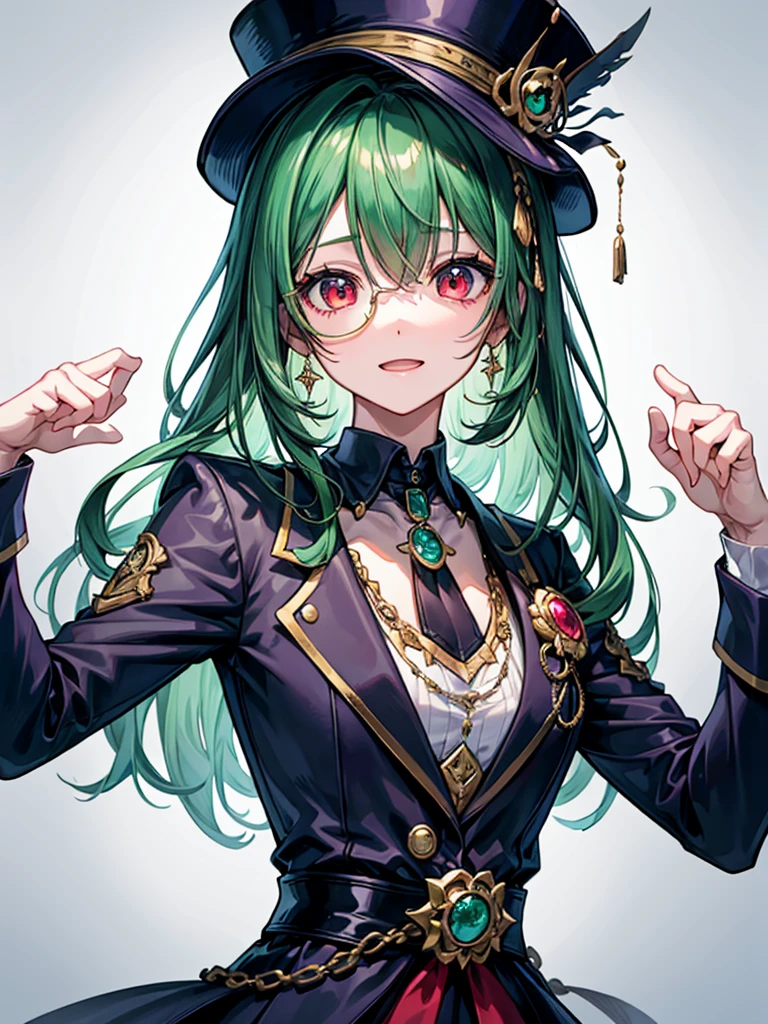 （（（masterpiece、Highest image quality、highest quality、highly detailed unity 8ｋwallpaper）））、（（Illustration of one girl、upper body））、（（（beautiful girl）））、（librarian）、（Emerald green hair、sidelocks：1.2、red eyes、crazy smile）、（（（flat chest）））、monocle、pocket watch、（（（Black top hat、tuxedo）））、grand library、archive